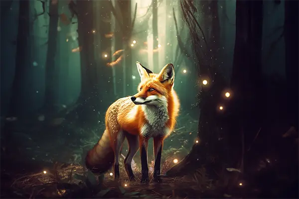 Ein Fuchs umgeben von Leuchtpartikel im Wald