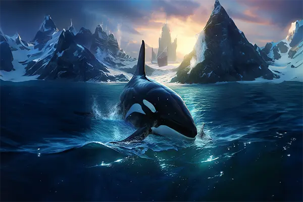 Ein Orca der im Meerwasser eines Fjords schwimmt