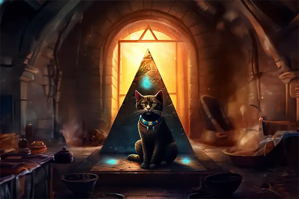 Eine Katze in einem Raum mit einer kleinen Modell-Pyramide