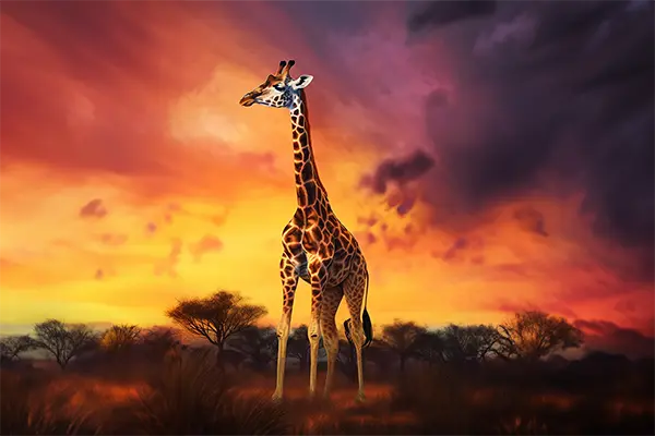 Eine Giraffe steht in der Savanne im Abendrot