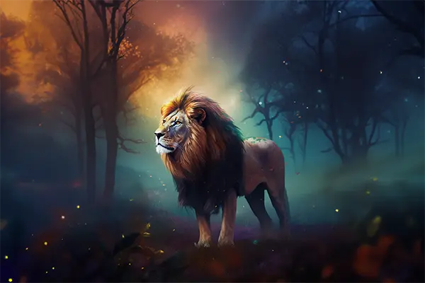 Ein Löwe neben magischen Energiepartikeln in der Savanne