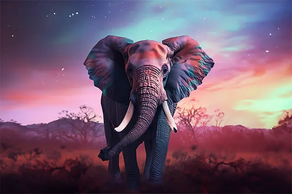 Ein Elefant der am Abend in der Savanne steht