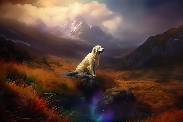 Ein Hund in den Bergen mit magischer Energie