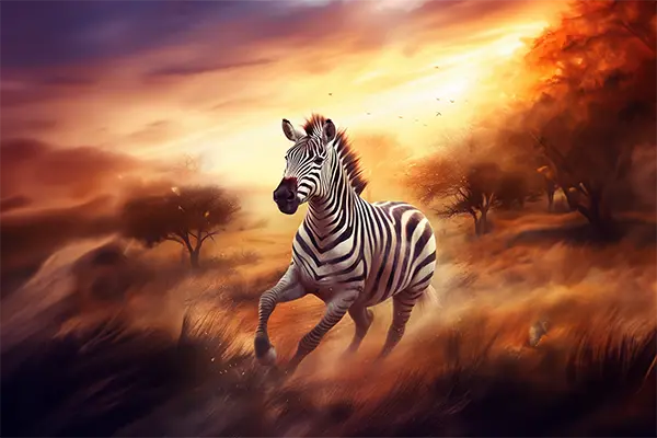Ein Zebra das durch Savannengras trabt