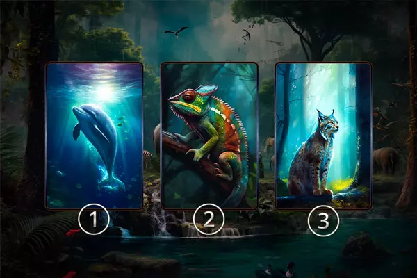 Drei Karten mit Krafttieren in einem üppigen Dschungel. Karte 1 zeigt einen springenden Delphin, Karte 2 einen Chameleon auf einem Ast und Karte 3 einen Luchs.