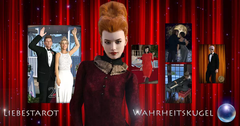 Ein Liebestarot-Szenario mit einer elegant gekleideten Dame vor einem roten Vorhang und mehreren Tarotkarten.