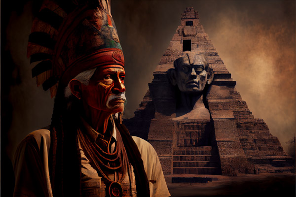 Maya Priester vor eine Pyramide
