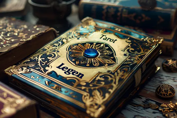 Ein dekoratives Tarot-Buch mit 	 einer blauen Edelsteinverzierung auf dem Cover, umgeben von anderen alten Büchern und mystischen Symbolen