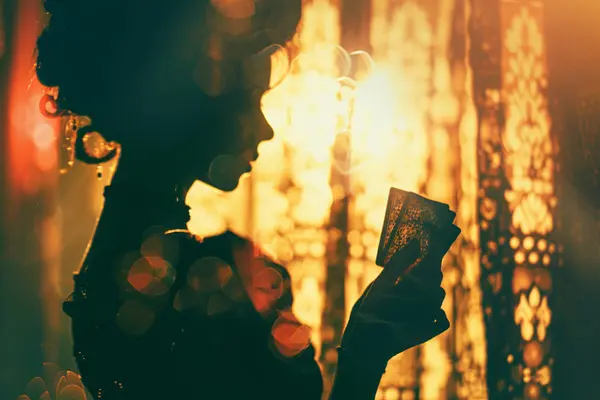 Silhouette einer Frau mit Karten, warmes Gegenlicht, Bokeh, mystische Atmosphäre, viktorianische Motive