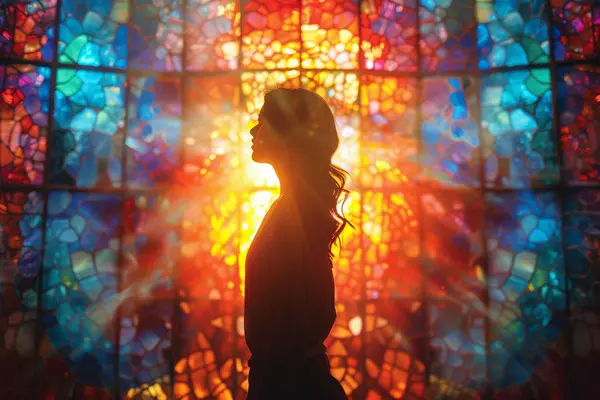 
Silhouette einer Frau vor einem bunten Buntglasfenster, durchscheinendes Licht, warme Farben, kontemplative Stimmung.