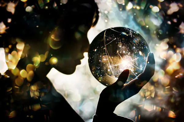 Silhouette einer Frau, die eine funkelnde Kristallkugel hält, Bokeh-Effekt, schimmernde Lichter, kosmische Vision