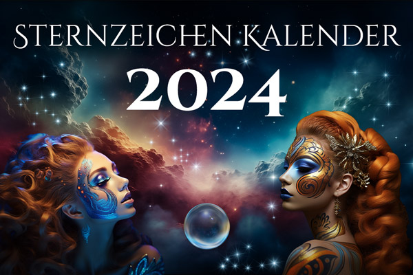 Vorschau - Sternzeichenkalender 2024 mit zwei kunstvoll geschminkten Personen, die als Wassermann und Löwe interpretiert werden können, vor einem Sternenhimmel.