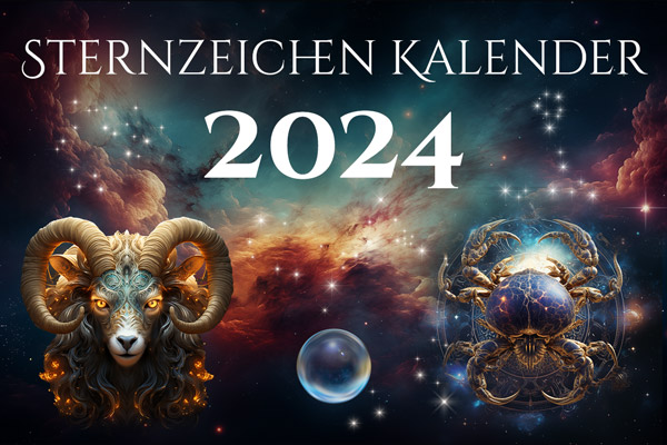Vorschau -  Sternzeichenkalender 2024 mit einem Widder und einem Krebs vor  einem galaktischen Hintergrund.